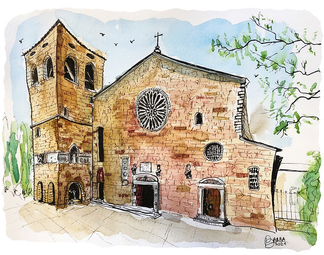 Drawing of the San Giusto Cathedral with watercolor